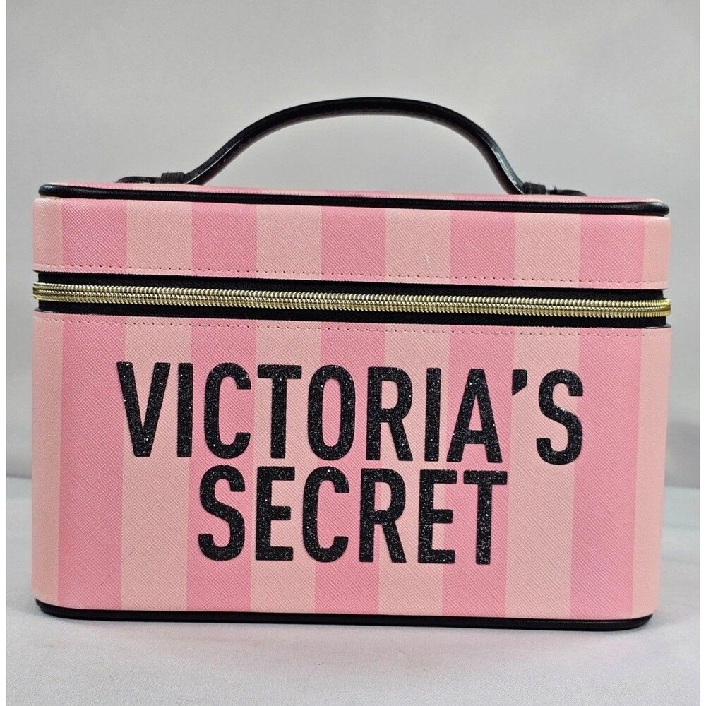 Victorias Secret Pink Stripe Train Case Makeup Cosmetic Bag Travel Vanity Case